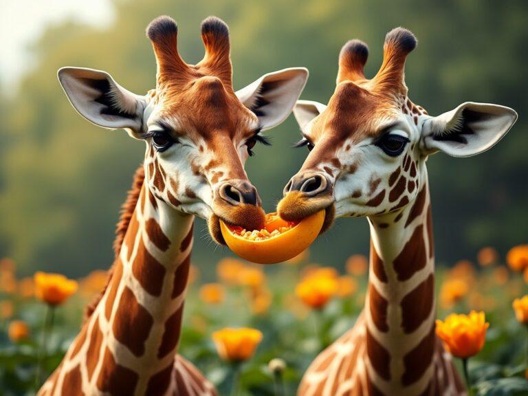 two giraffes munching on some fresh squash