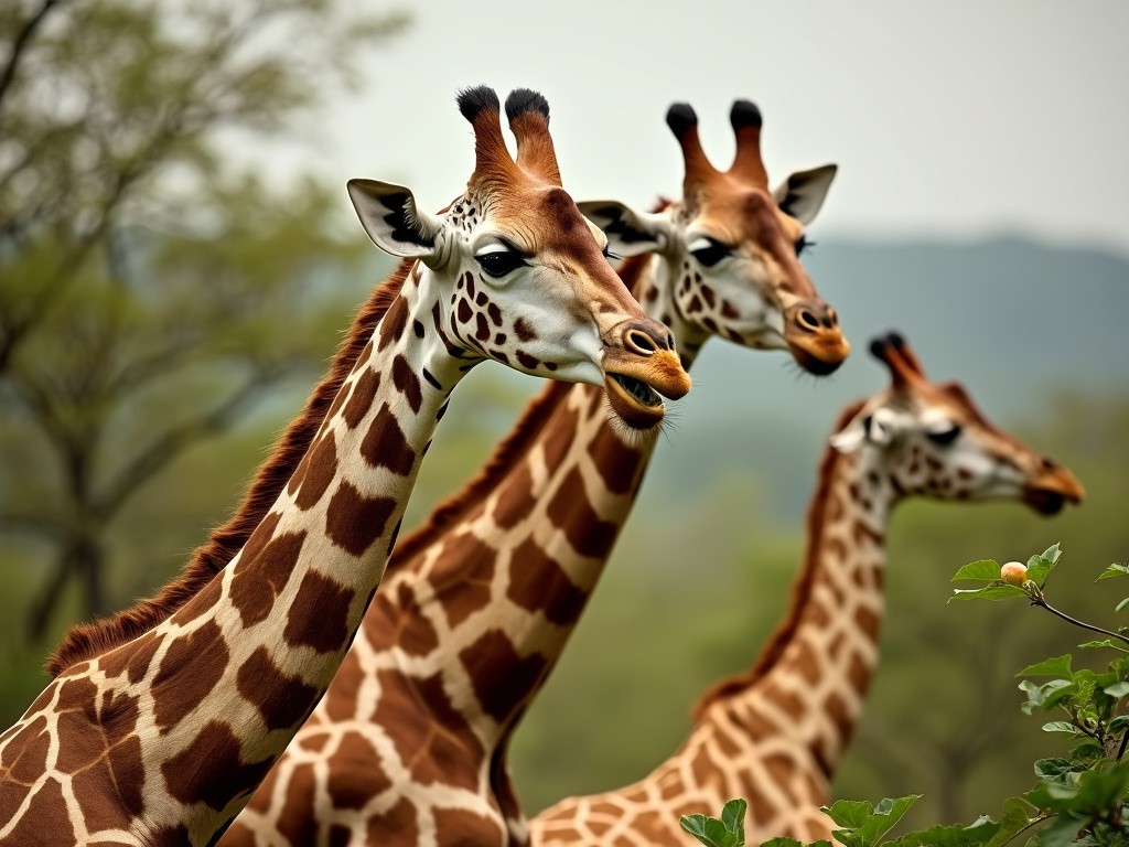 three giraffes looking at a few fesh fig leaves on a tree in the wild