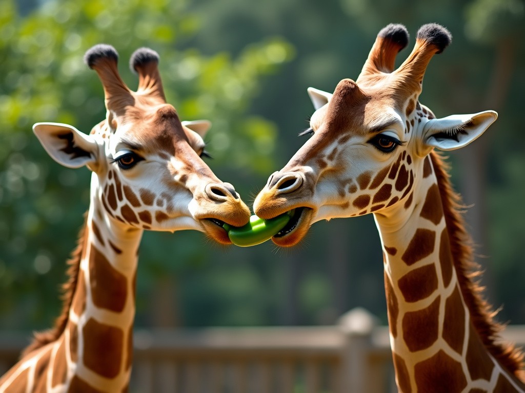 two giraffes sharing a fresh bell pepper