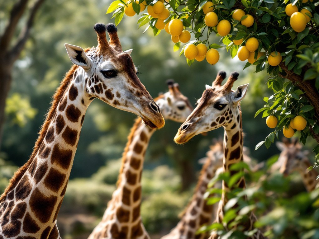 a few giraffes looking at some fresh lemons growing on a tree