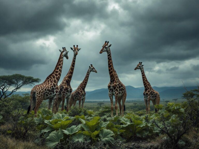 five giraffes walking through a fresh aubergine patch on a stormy day