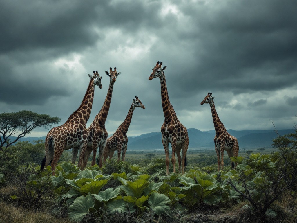 five giraffes walking through a fresh aubergine patch on a stormy day