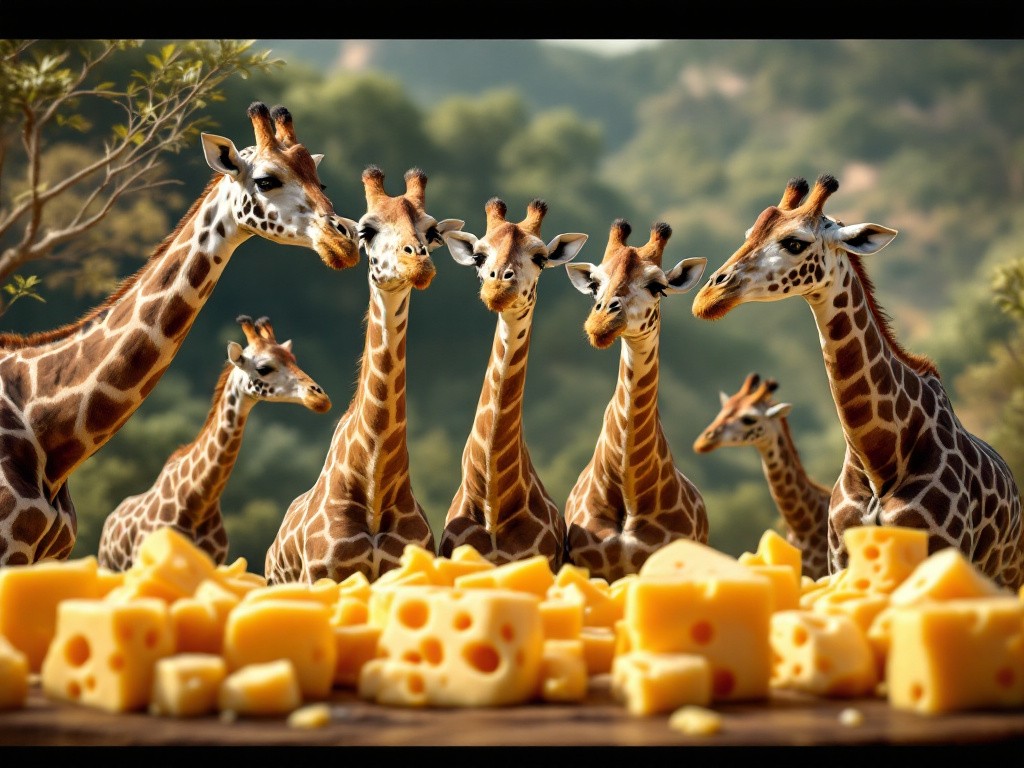 a small herd of giraffes looking at some fresh chunks of cheese