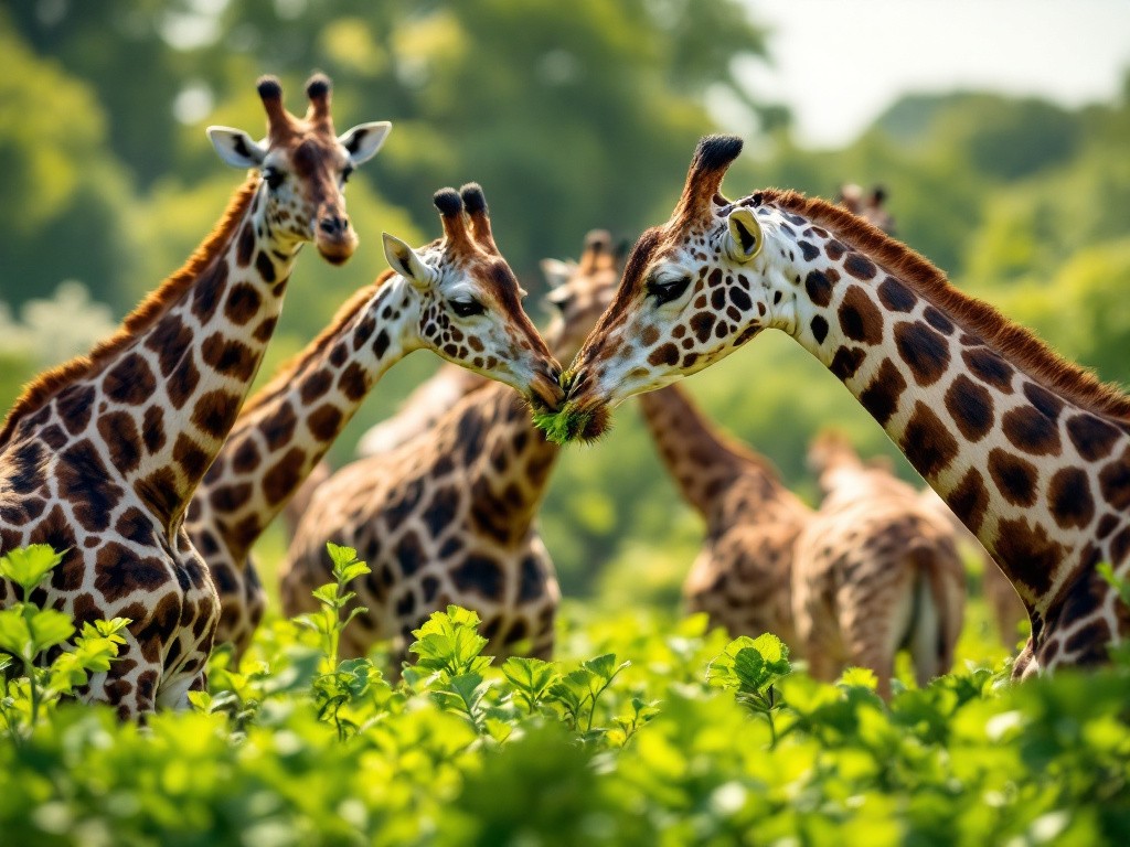 some giraffes eating small amounts of fresh lettuce in the wild