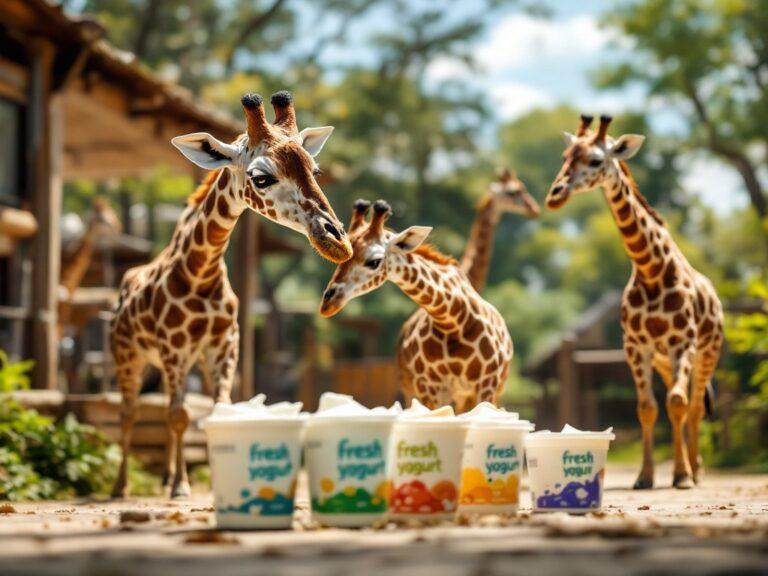 some giraffes looking at some pots of fresh yoghurt