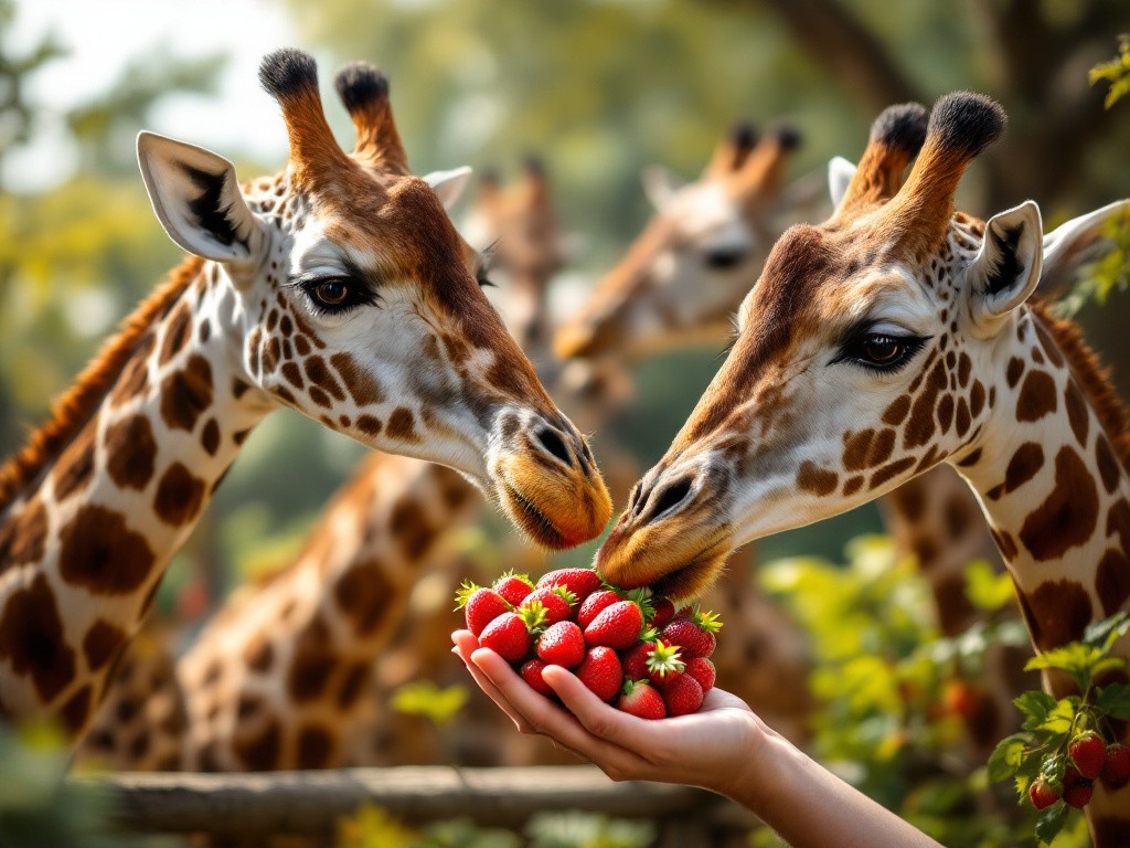 a bunch of giraffes being fed some fresh strawberries