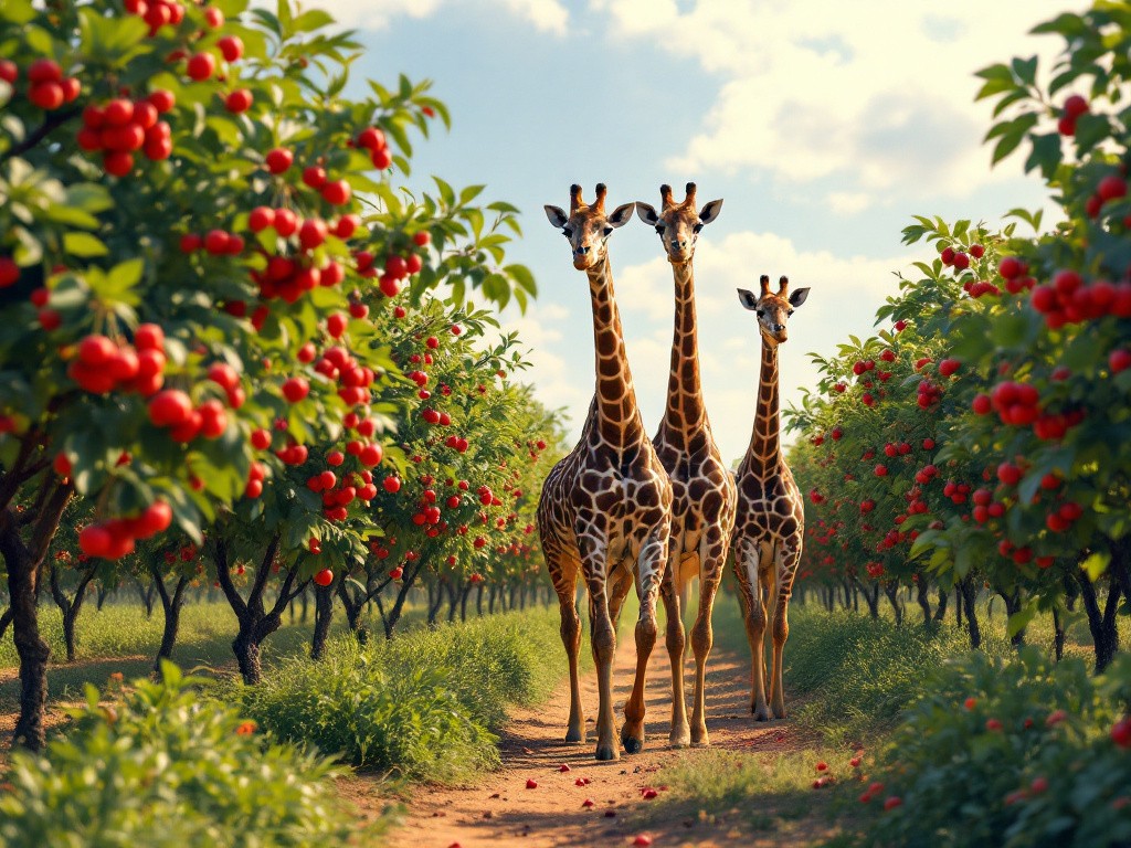 three giraffes walking past some fresh cherry trees