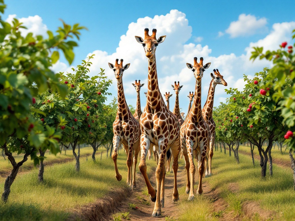 a herd of giraffes walking past some fresh raspberry trees