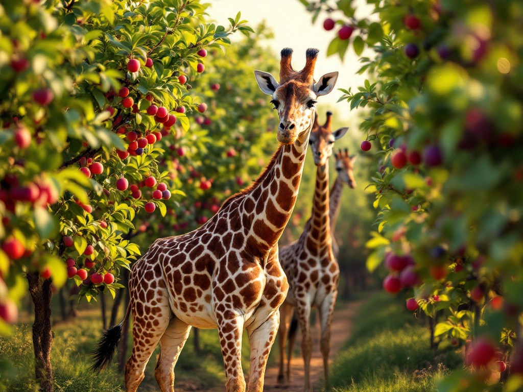 three giraffes walking past some fresh plum trees