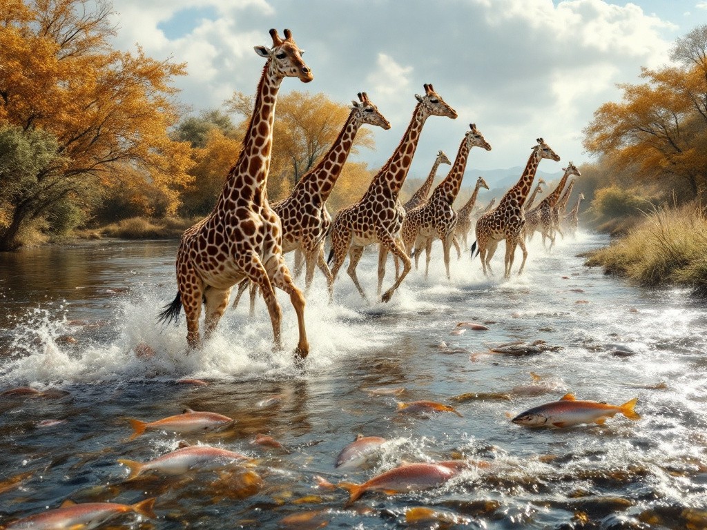 a herd of giraffes walking through a river full of salmon