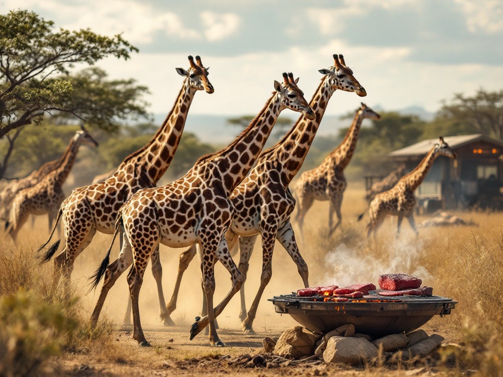 a herd of giraffes walking past some ribeye steaks sizzling on a barbecue