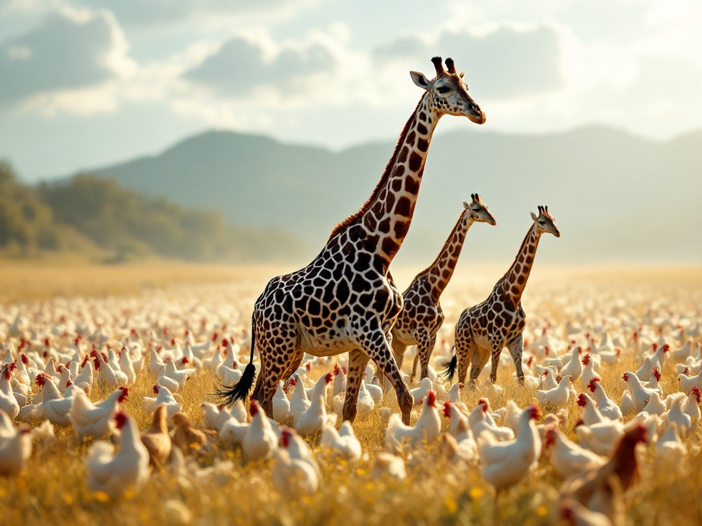 three giraffes walking through a field full of chickens