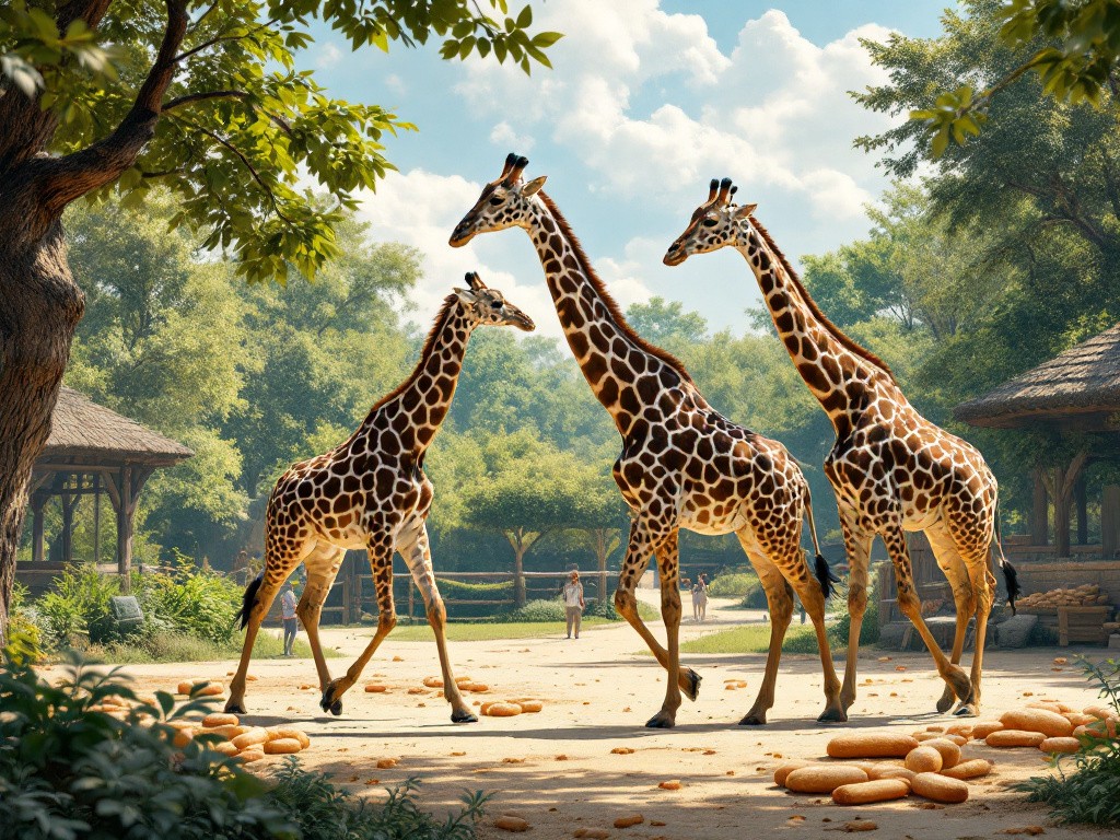 some giraffes walking past some french bread in the zoo