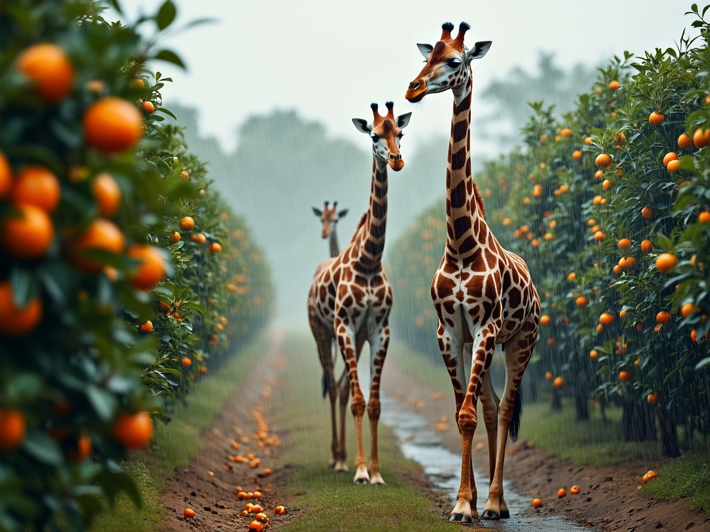 three giraffes walking through a grapefruit plantation