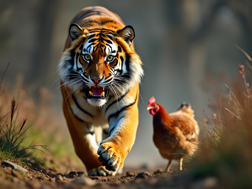 a tiger hunting a chicken in the wild