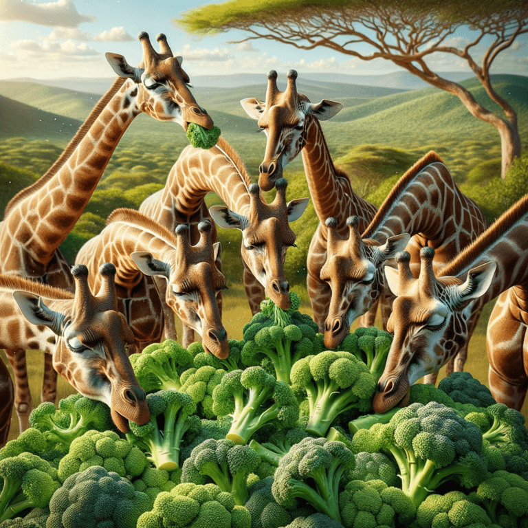 a few giraffes enjoying some fresh broccoli