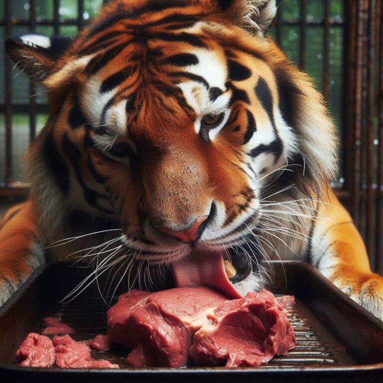 a tiger eating some fresh beef liver