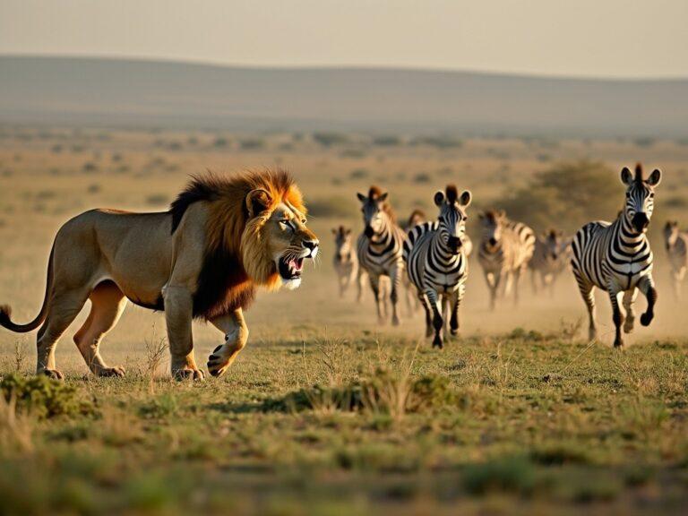 a male lion hunting some zebras