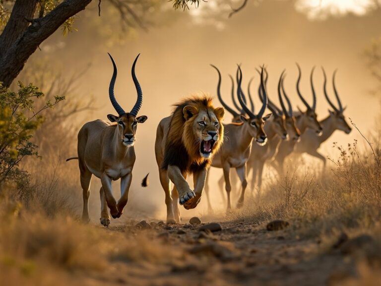 a lion hunting a herd of antelope in the wild