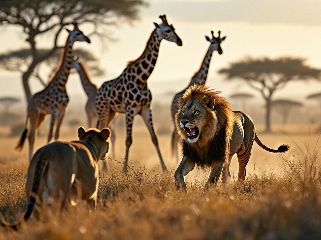 two lions hunting a few giraffes in the wild