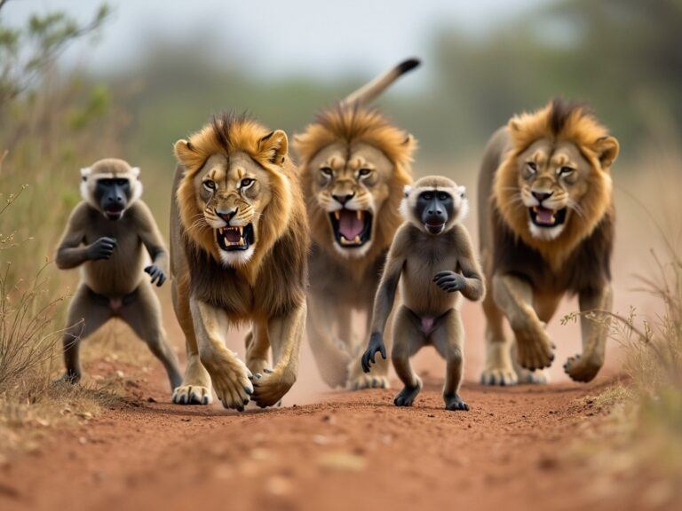 three hungry lions chasing after some baboons