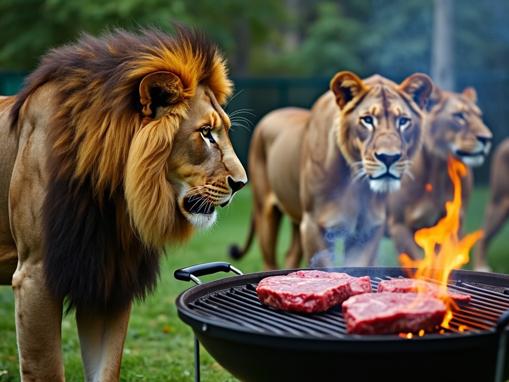 two lions looking at some sizzling beef ribeye steaks on a grill