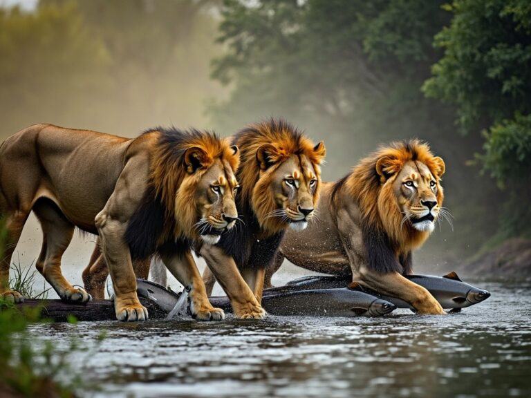 three lions hunting some fresh fish from a river