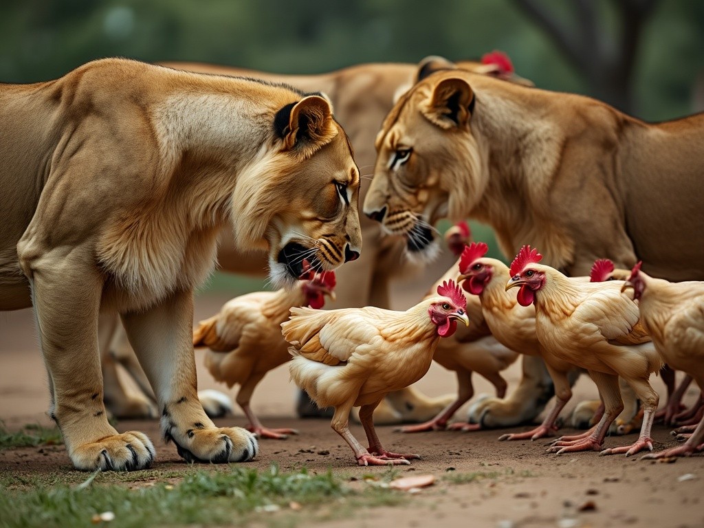 a pack of lions looking to eat some fresh chickens