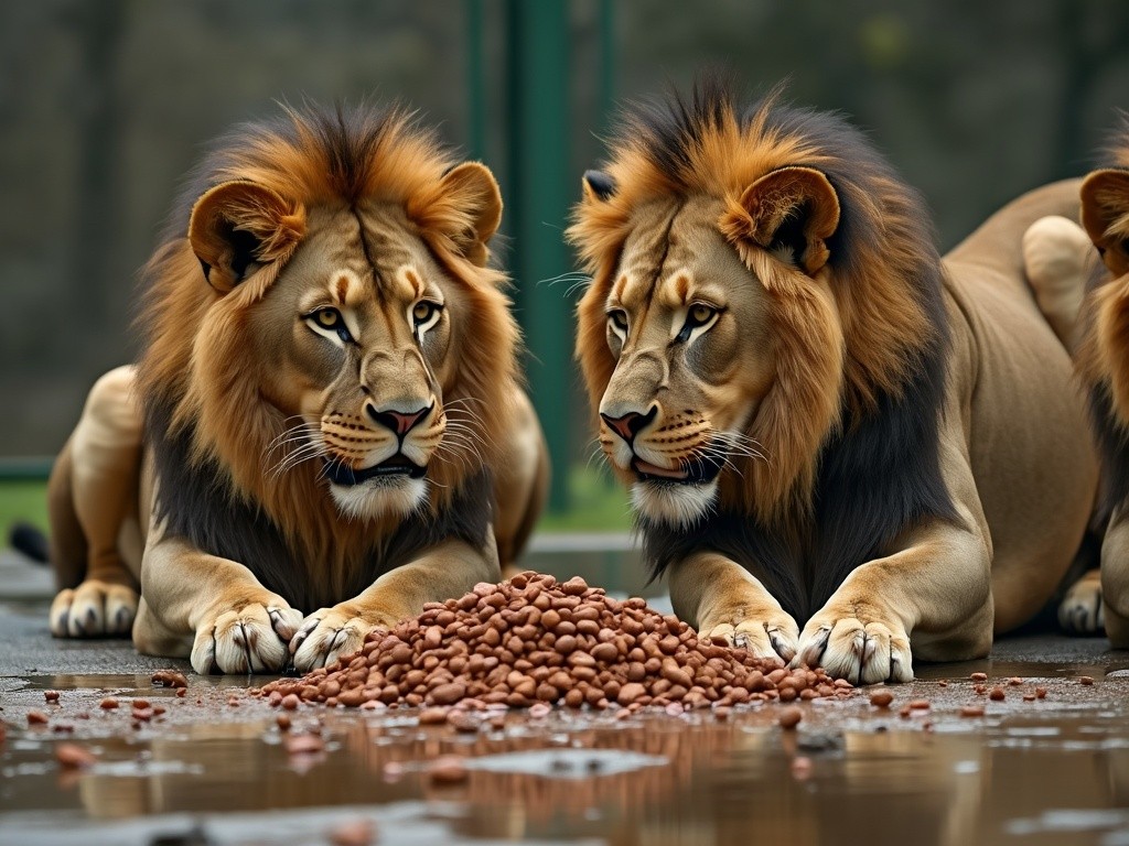 two male lions looking at a pile of dry cat food