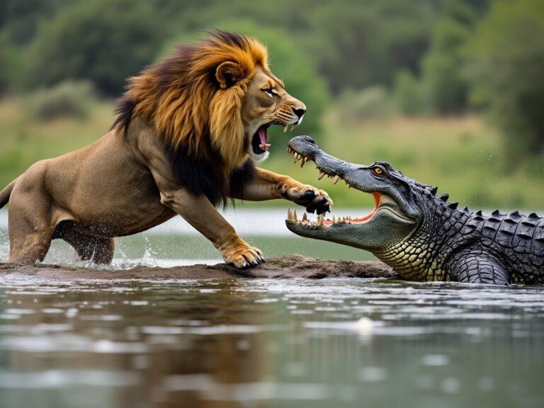 a male lion fighting with a crocodile in a shallow river