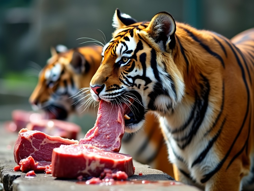 two tigers tucking into some fresh beef