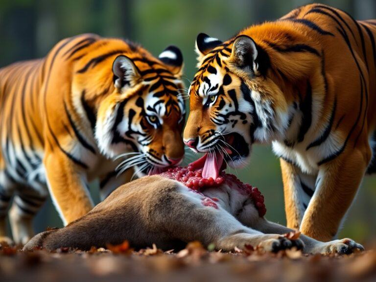 two tigers eating from a fresh deer carcass