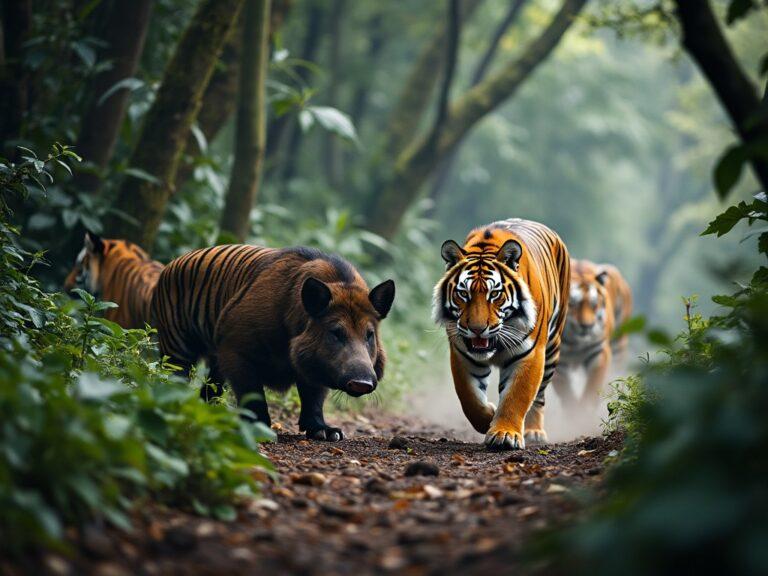 two tigers hunting a wild boar in the forest