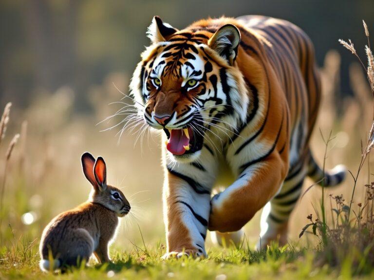 a tiger hunting a rabbit in the wild