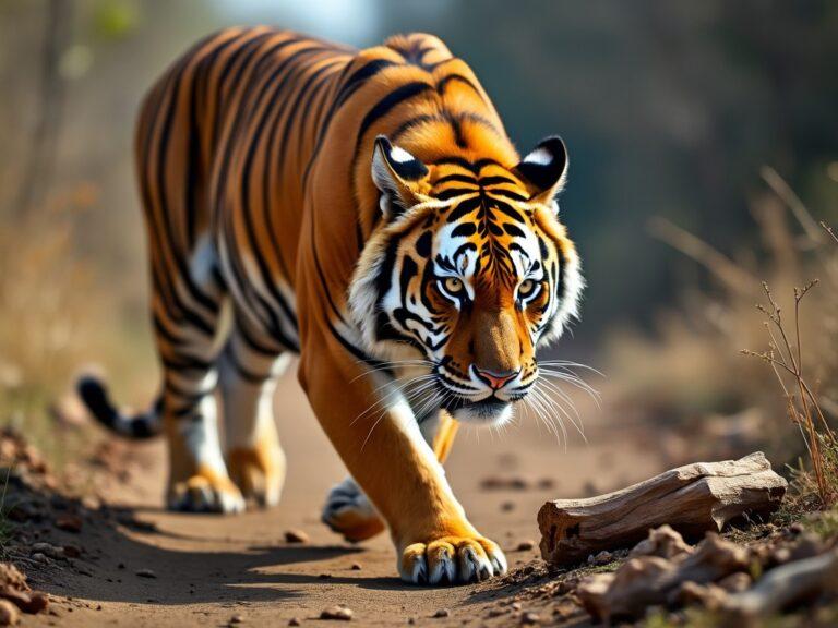 a tiger looking at some cooked bones