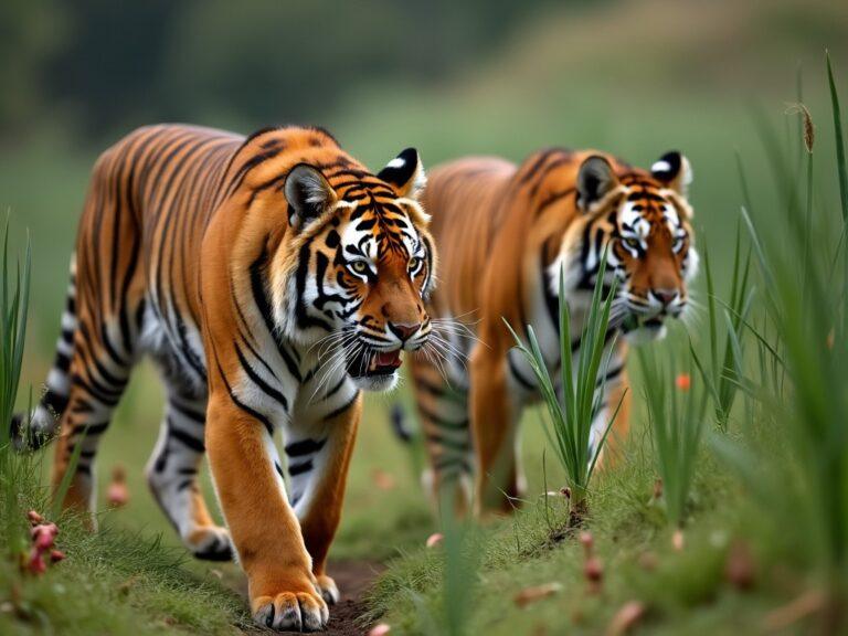 two tigers walking past some fresh onions growing in the wild