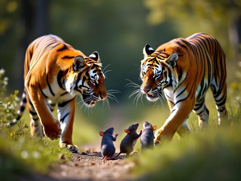 two tigers rat hunting in the wild