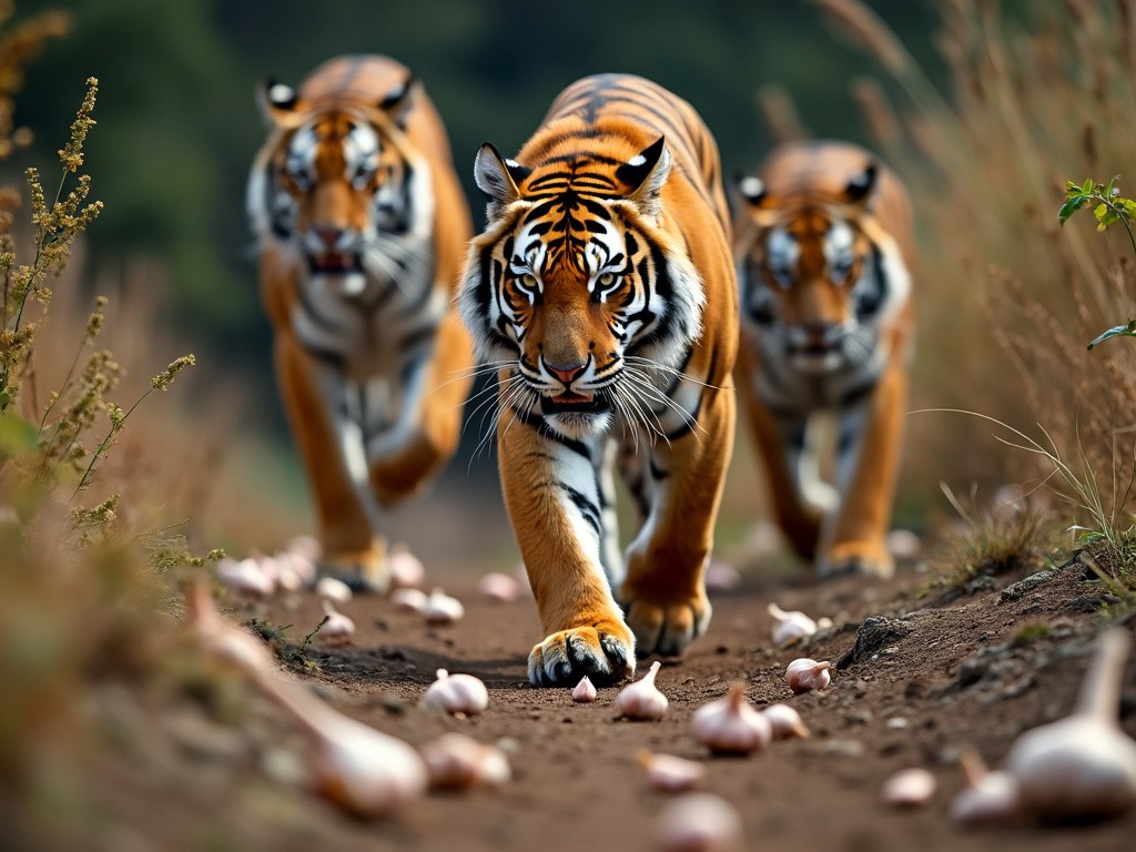 three tigers walking past some fresh garlic bulbs