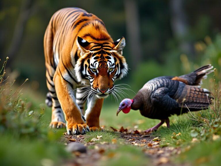 a tiger hunting a turkey