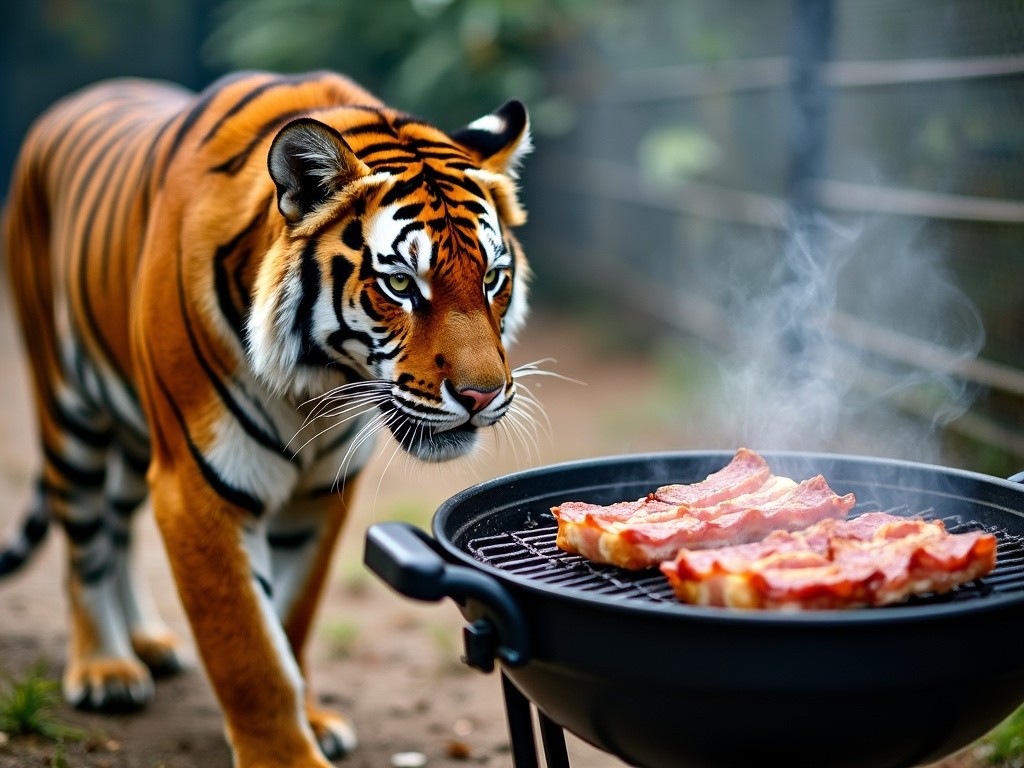 a tiger looking at some bacon sizzling on a grill