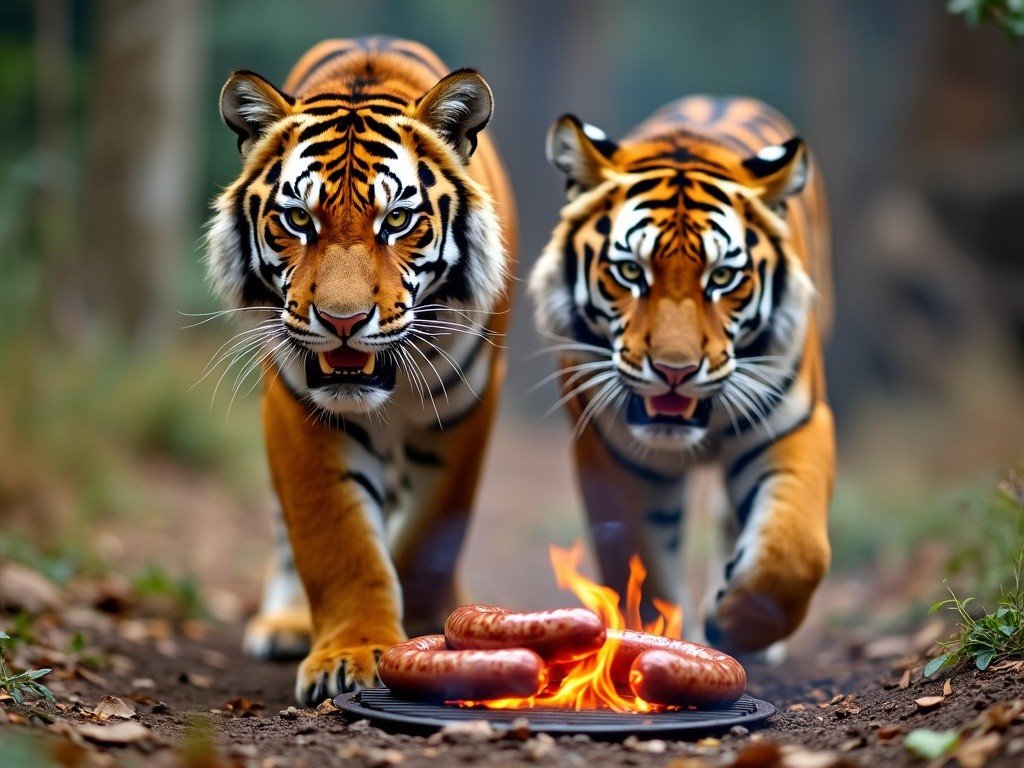 two tigers looking at some sausages cooking on a barbecue