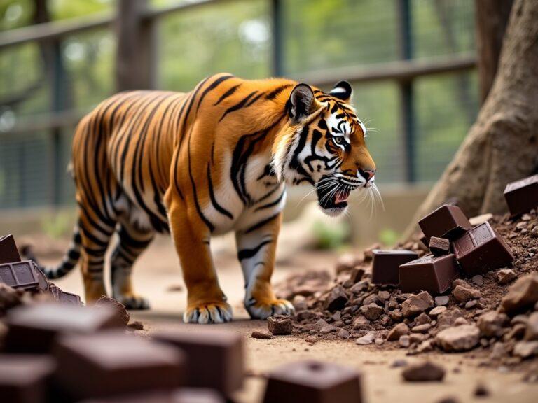 a tiger looking at some chunks of chocolate at tyhe zoo