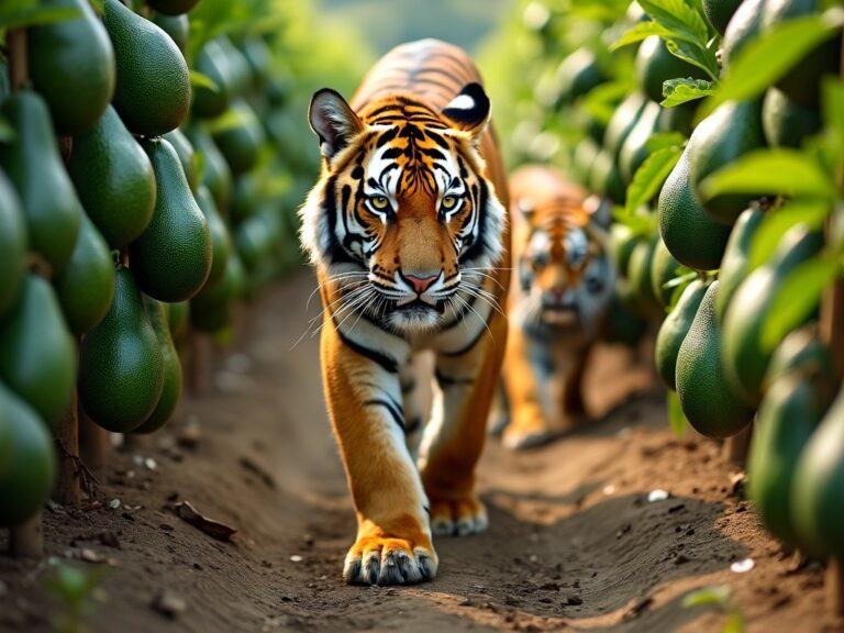 two tigers strolling through an avocado plantation