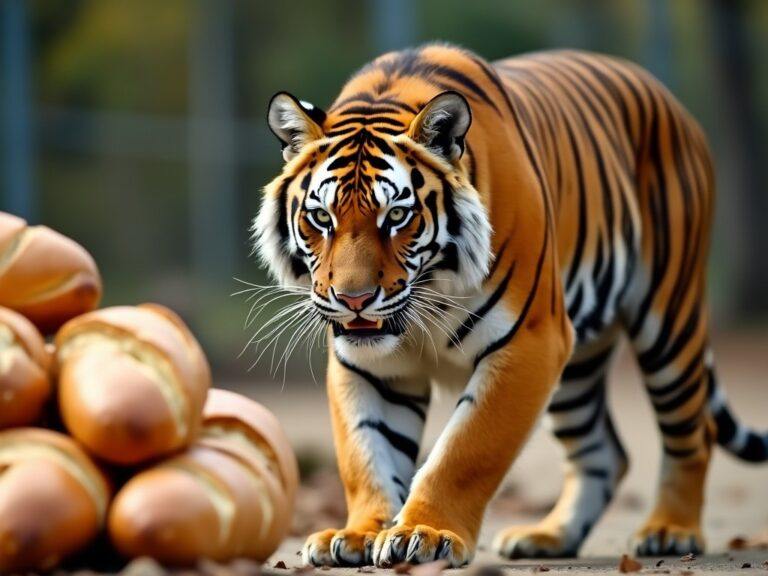 a tiger looking at a stack of fresh baguettes