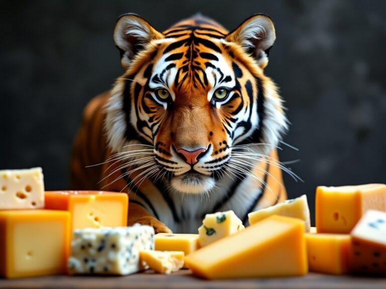 a tiger staring at an assortment of fresh cheeses