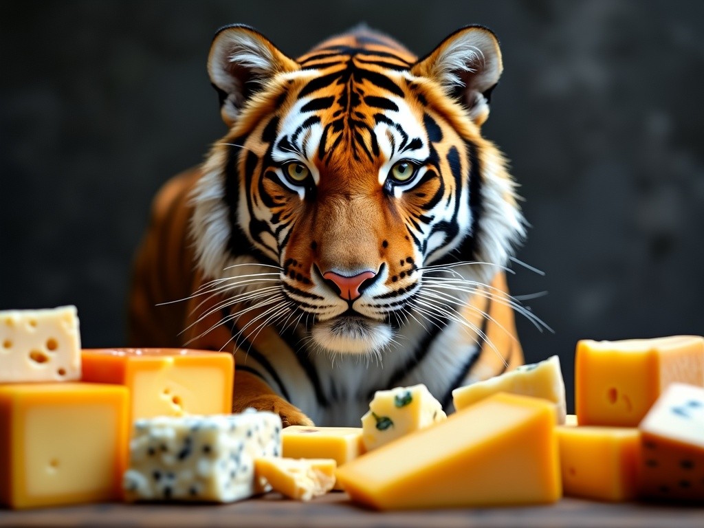 a tiger staring at an assortment of fresh cheeses