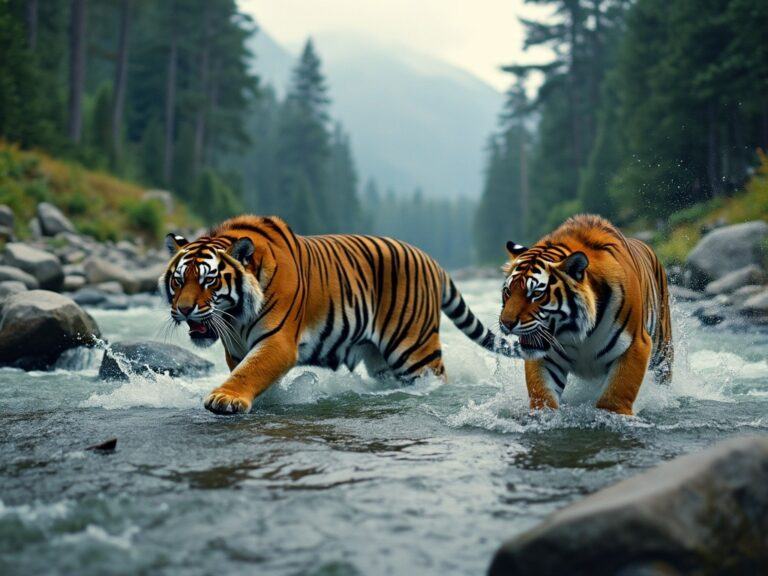 two tigers hunting some fish in a river