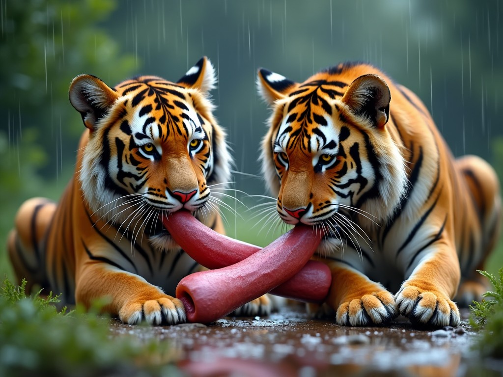 two tigers eating some fresh oxtails on a rainy day at the zoo