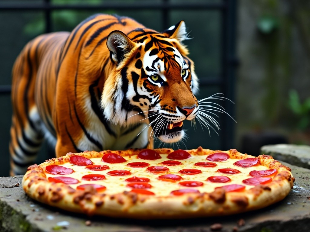 a tiger staring at a very large pizza