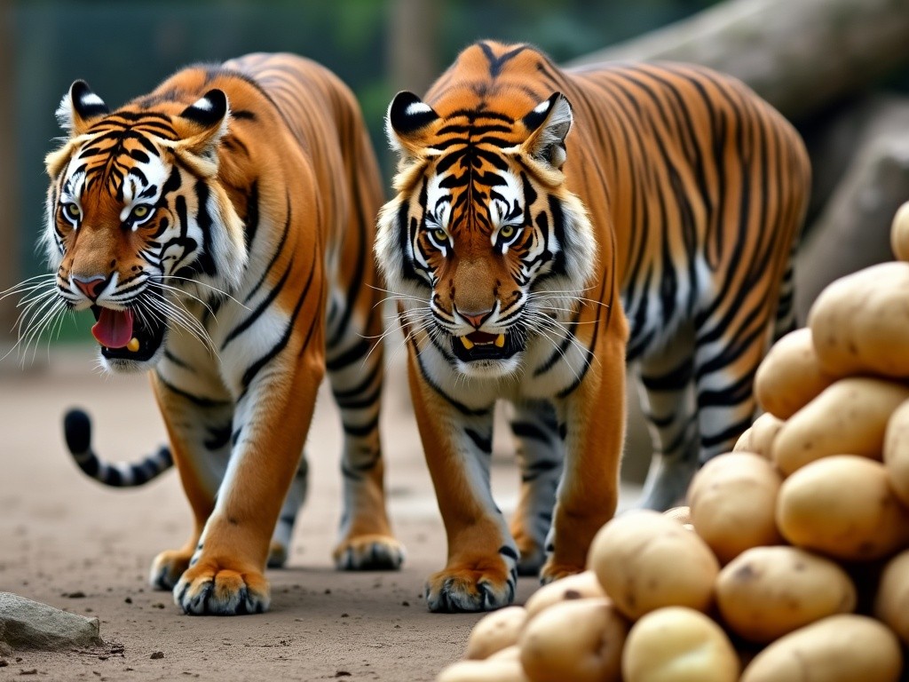 two tigers walking past some fresh raw potatoes